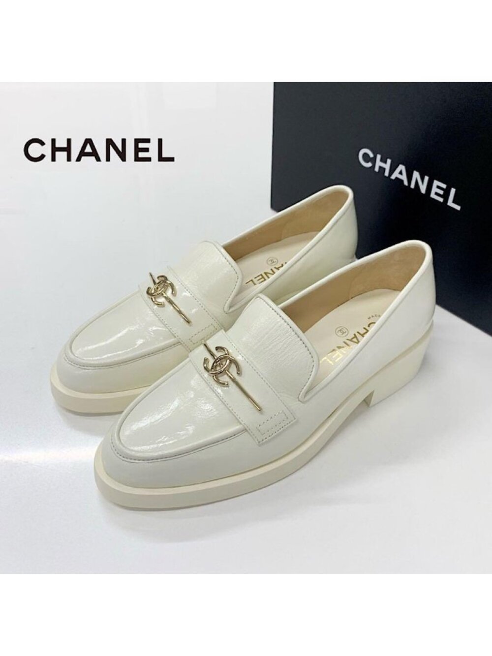 Chanel Coco Mark Leather Loafers White